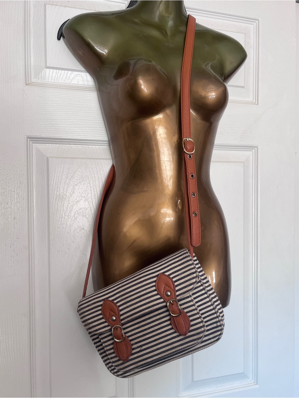 Charlotte Russe Striped Canvas Crossbody Satchel Bag Nautical Messenger Brown